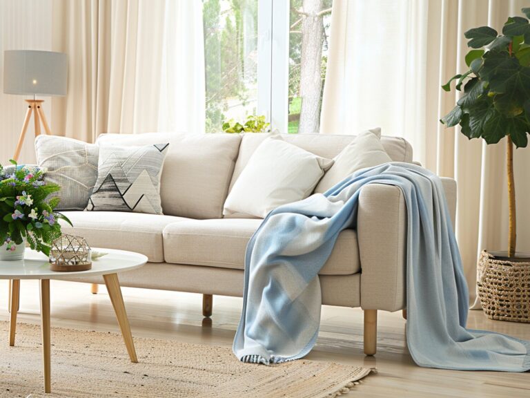 Kremowa sofa trzyosobowa z drewnianymi nóżkami i poduszkami