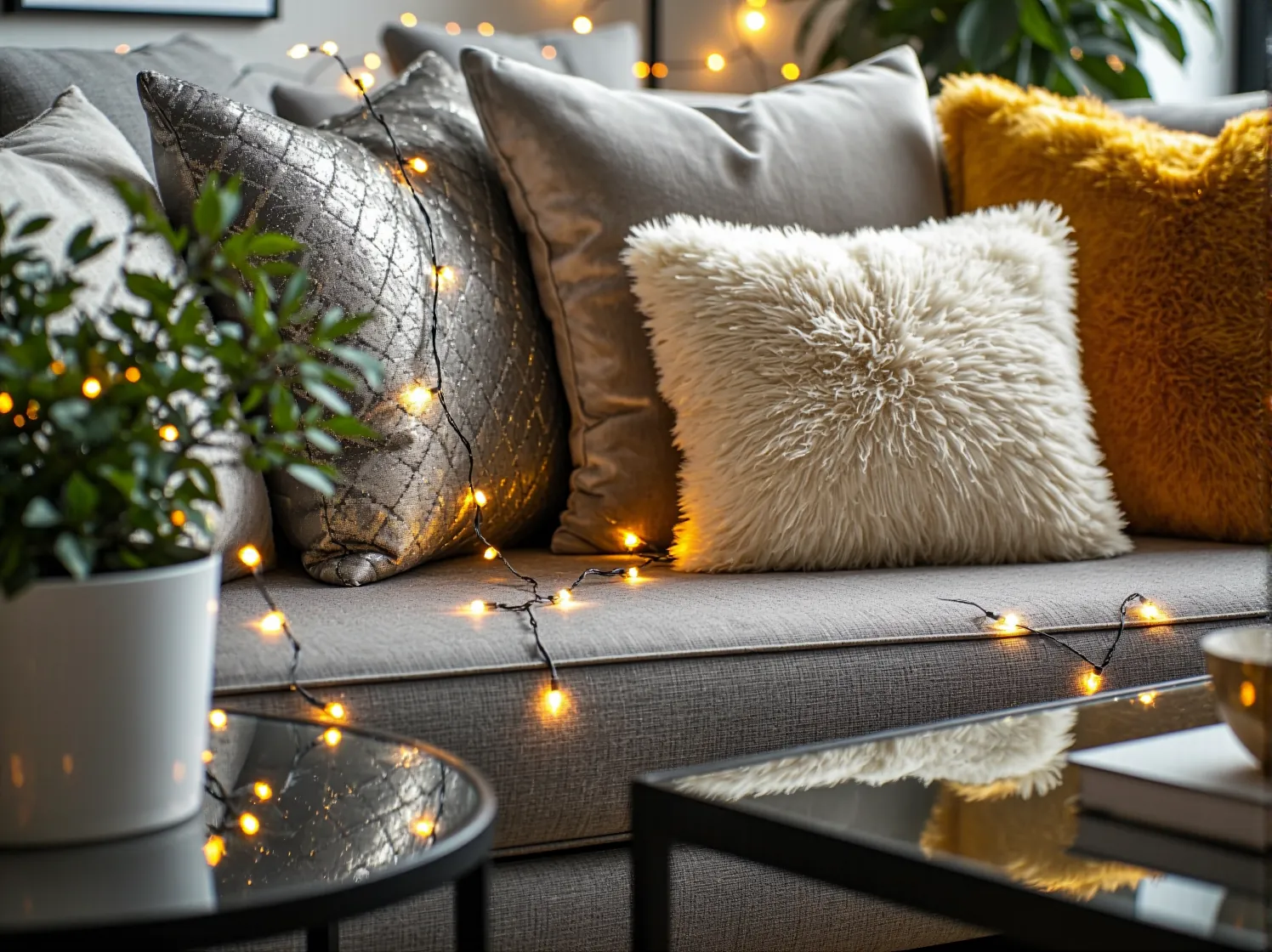 Zbliżenie na dekoracyjne girlandy świetlne LED, które tworzą luksusowy i magiczny klimat na balkonie glamour.