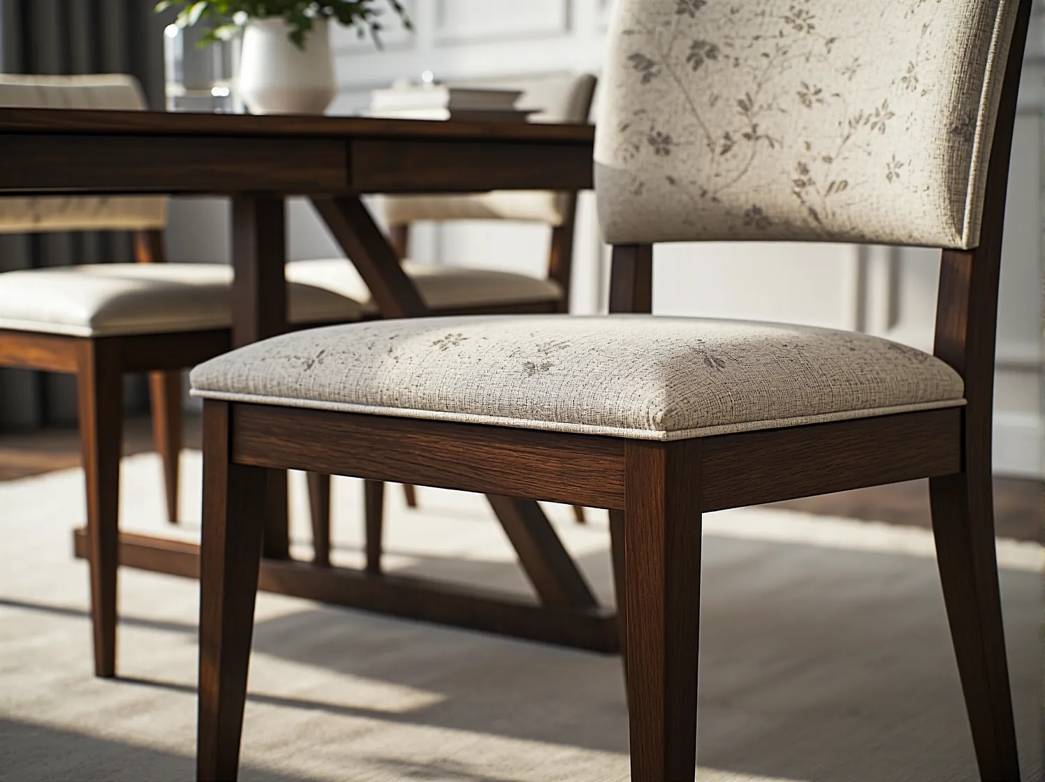 Aranżacja jadalni w stylu klasycznym z dużą, ozdobną lampą wiszącą jako centralny element dekoracyjny.