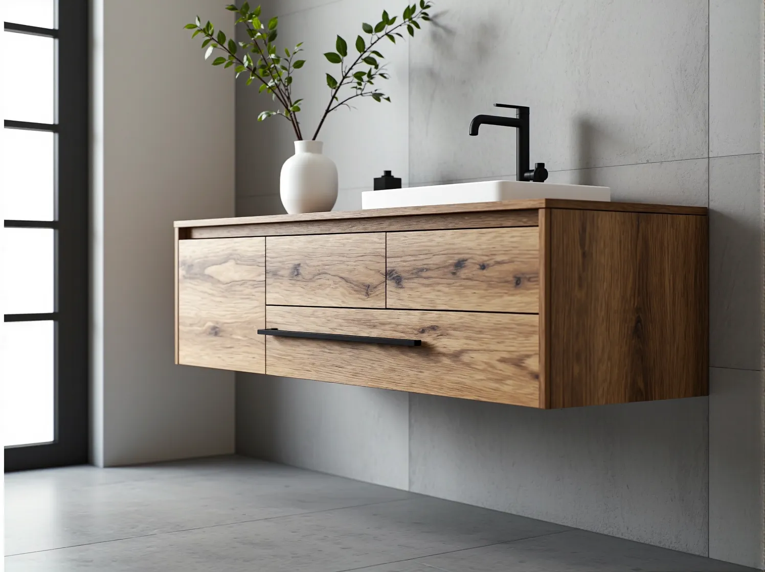 Aranżacja łazienki skandynawskiej z drewnianą podłogą, białymi meblami i czarnymi, industrialnymi lampami.