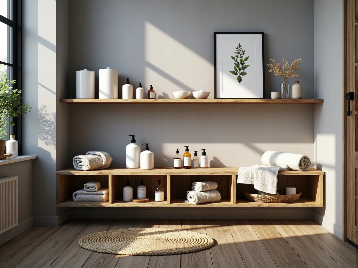 Drewniany blat z umywalką nablatową jako centralny punkt aranżacji łazienki w stylu skandynawskim.