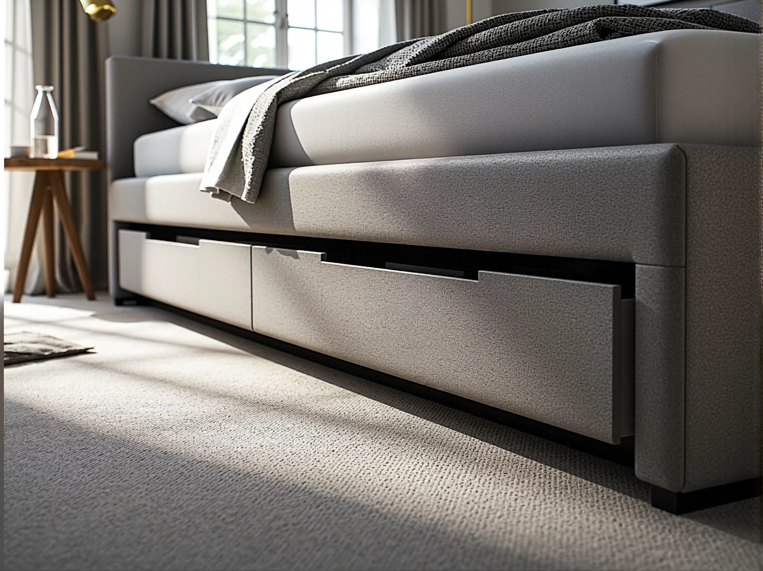 Nowoczesna mała sypialnia z szarym łóżkiem kontynentalnym ze schowkiem, które pomaga zaoszczędzić cenne miejsce.