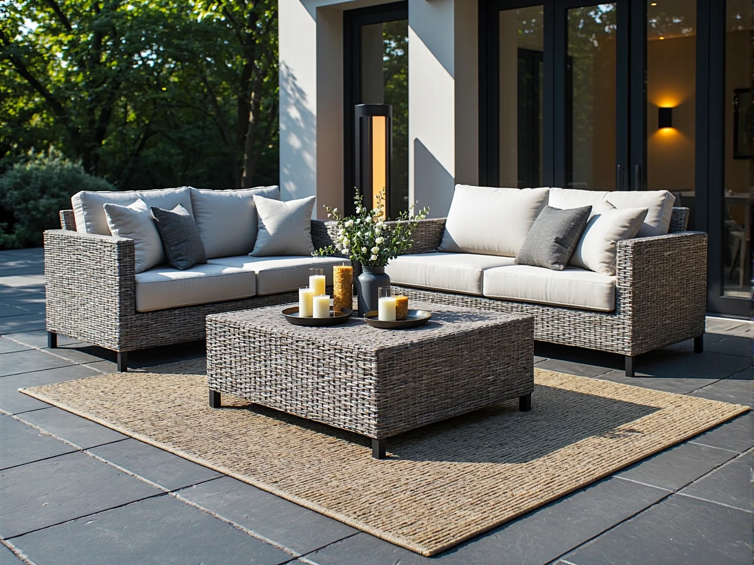 Aranżacja tarasu klasycznego z białymi kolumnowymi lampami LED i wygodną sofą.