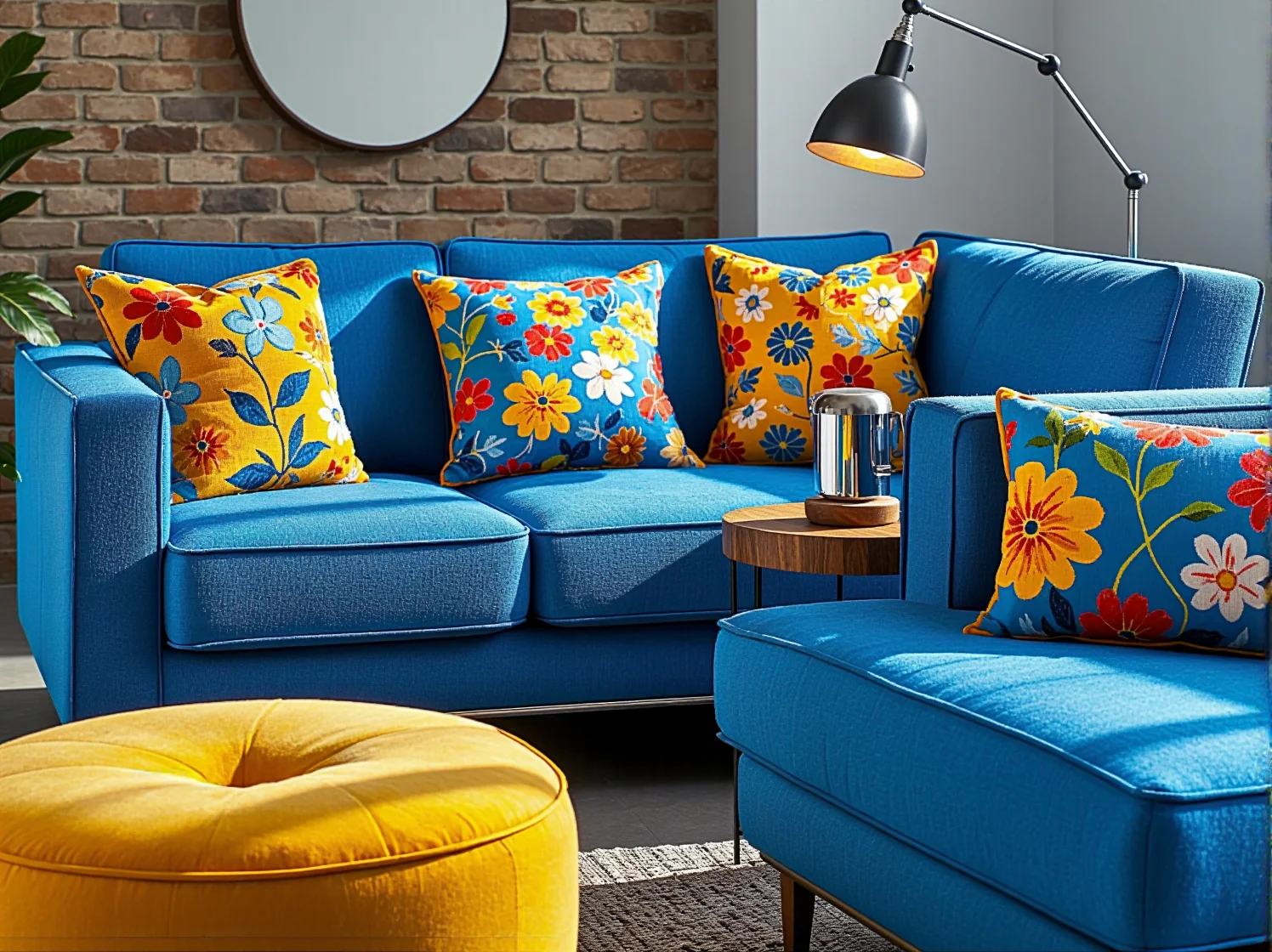 Aranżacja tarasu w stylu retro, gdzie modułowe fotele tworzą przytulny kącik wypoczynkowy z wzorzystymi poduszkami.