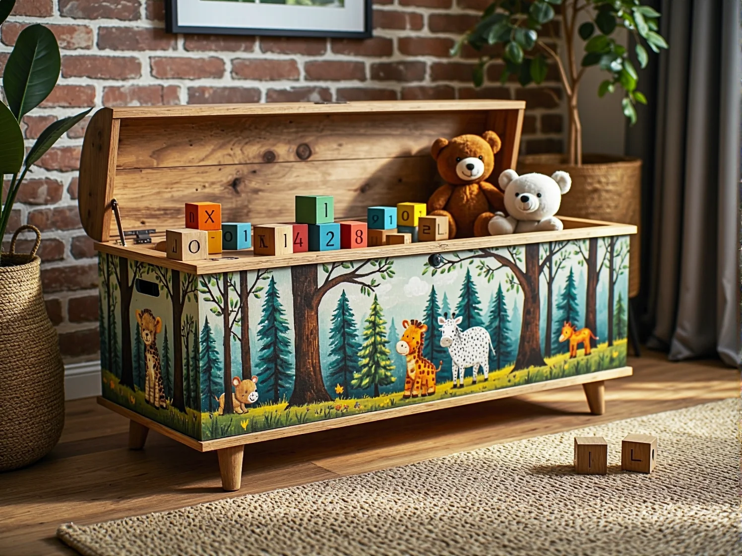 Puszka z ekologiczną, bezpieczną farbą i pędzel leżące obok odnowionego, miętowego stoliczka dla dziecka.