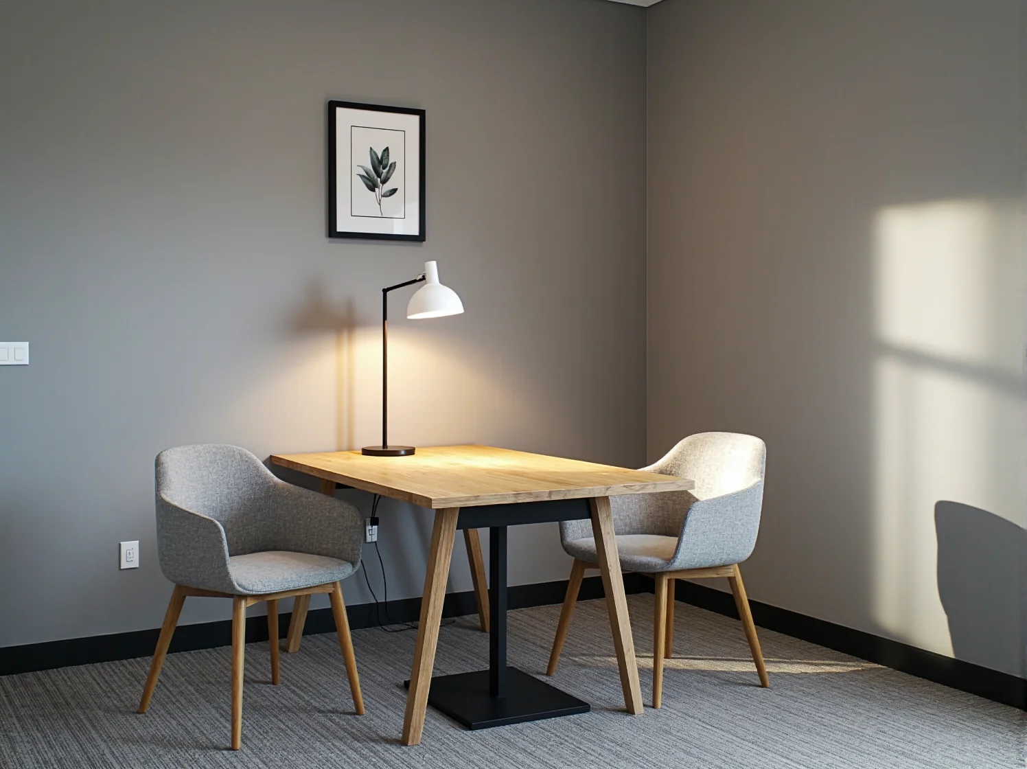 Kilka prostych, białych stołów skandynawskich ustawionych w rzędzie w otwartej przestrzeni biurowej.