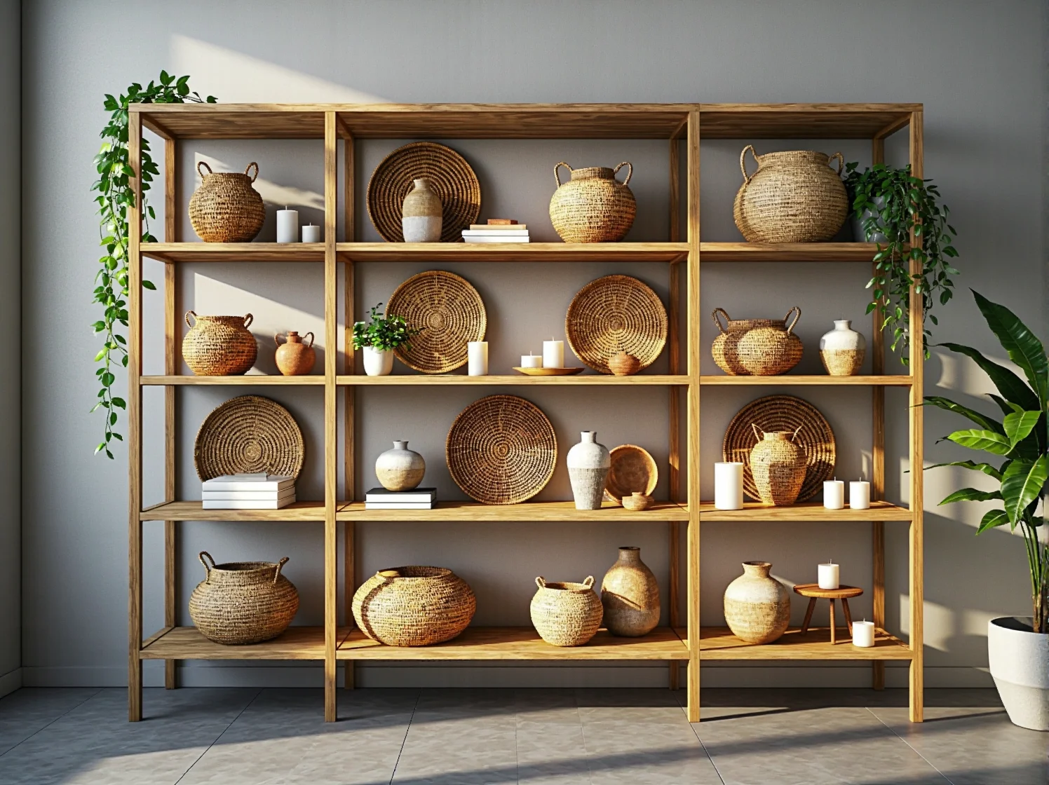 Kącik do pracy boho z małym biurkiem i rattanowym krzesłem w bloku