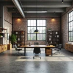 Industrialne biurko orzechowe z metalową ramą i szufladami