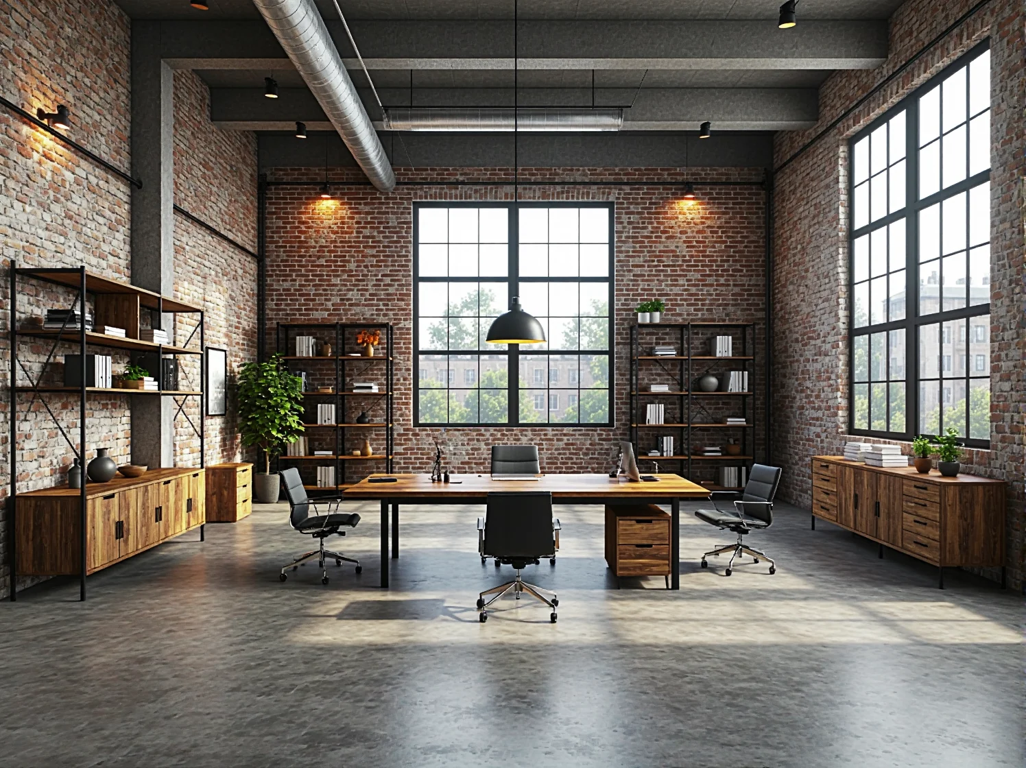 Industrialne biurko orzechowe z metalową ramą i szufladami