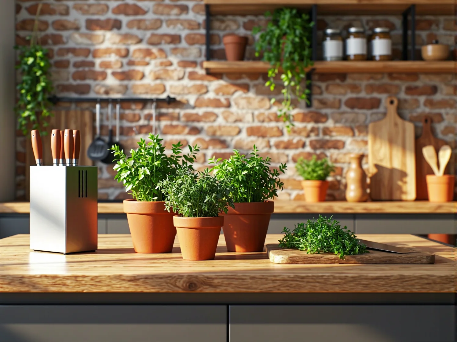 Blat z naturalnego drewna i betonowa ściana w kuchni eko-industrialnej z ziołami w doniczkach.