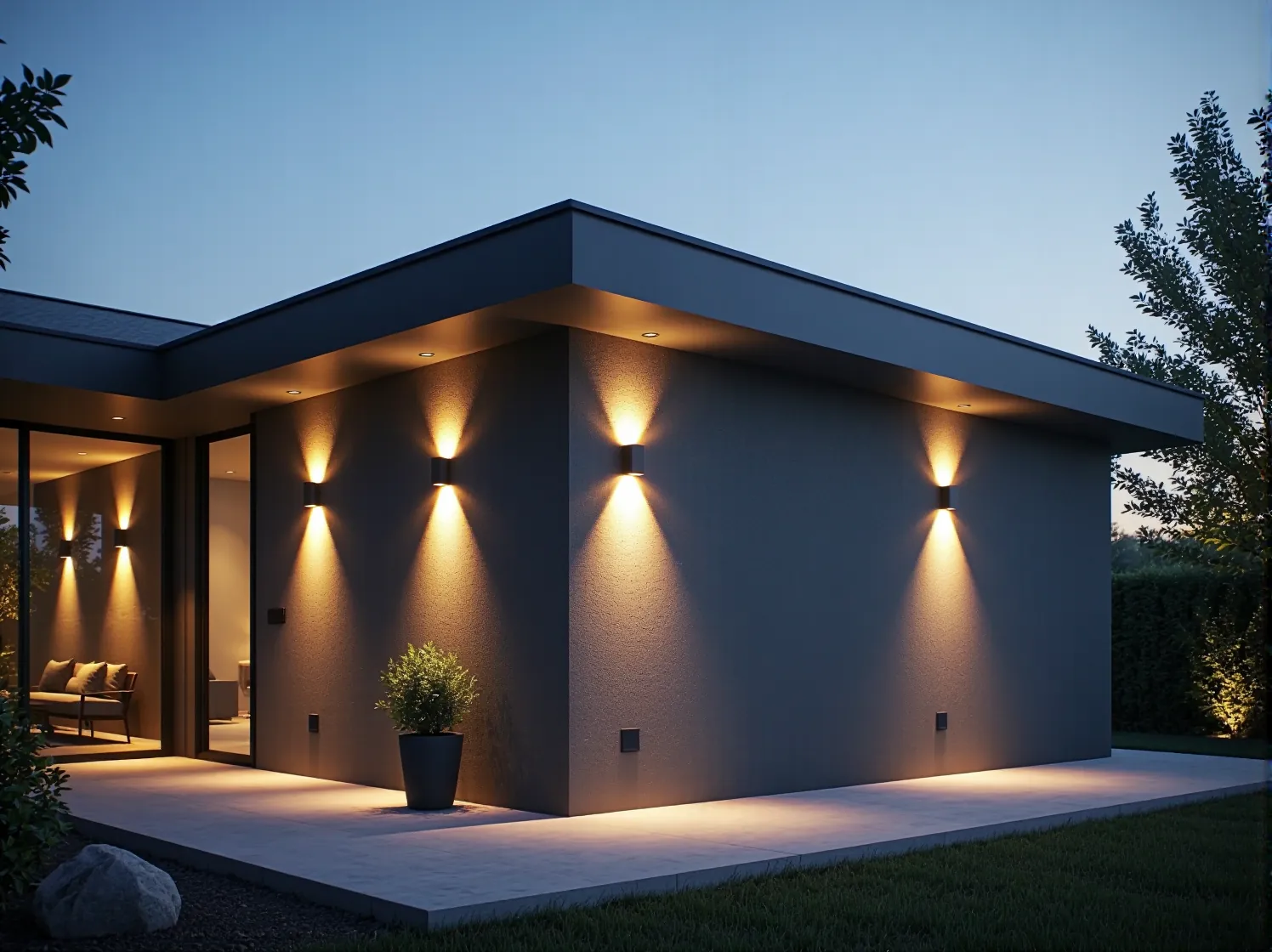 Ciepła barwa światła lamp na elewacji, podkreślająca fakturę ciemnego tynku.