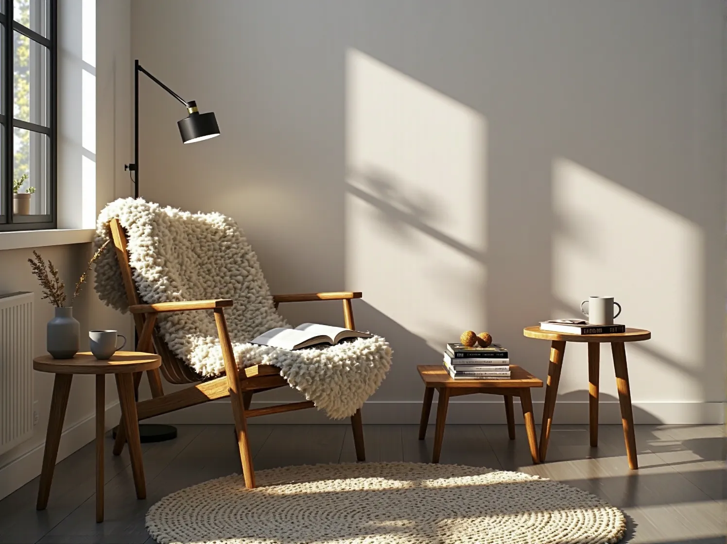 Ekologiczne wnętrze skandynawskie z naturalnymi materiałami, pokazujące zrównoważony design.