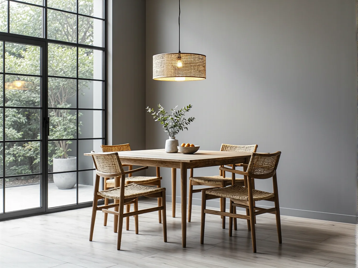 Proste, ceramiczne wazony i czarno-biała grafika jako dekoracja na odnowionym, białym regale w stylu skandynawskim.