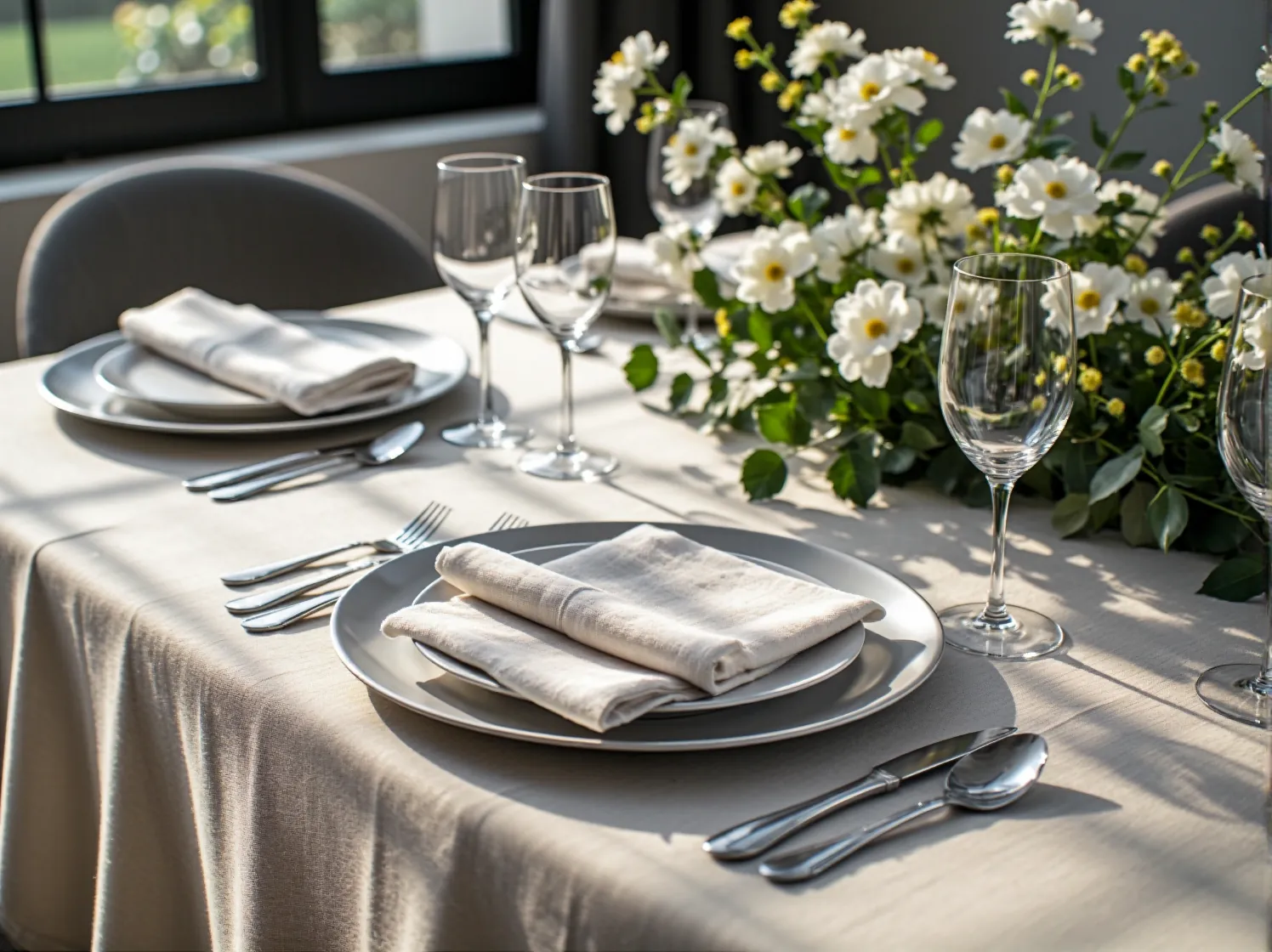 Stylowa dekoracja stołu bankietowego. Zastawa, kwiaty i świece jako element aranżacji sali w hotelu.