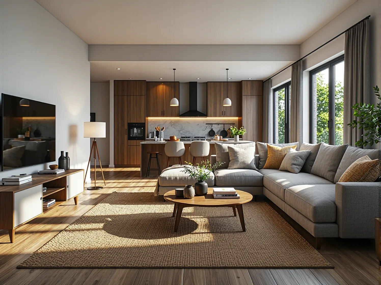 Drewniana podłoga i lniane zasłony. Naturalne materiały i proste dodatki w aranżacji kawalerki w stylu minimalistycznym.