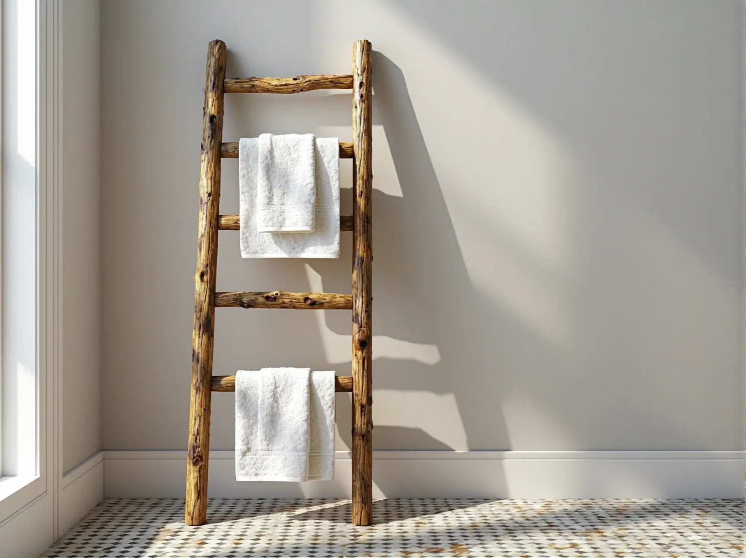 Drewniane dodatki i akcesoria w przytulnej łazience w stylu rustykalnym z elementami vintage.