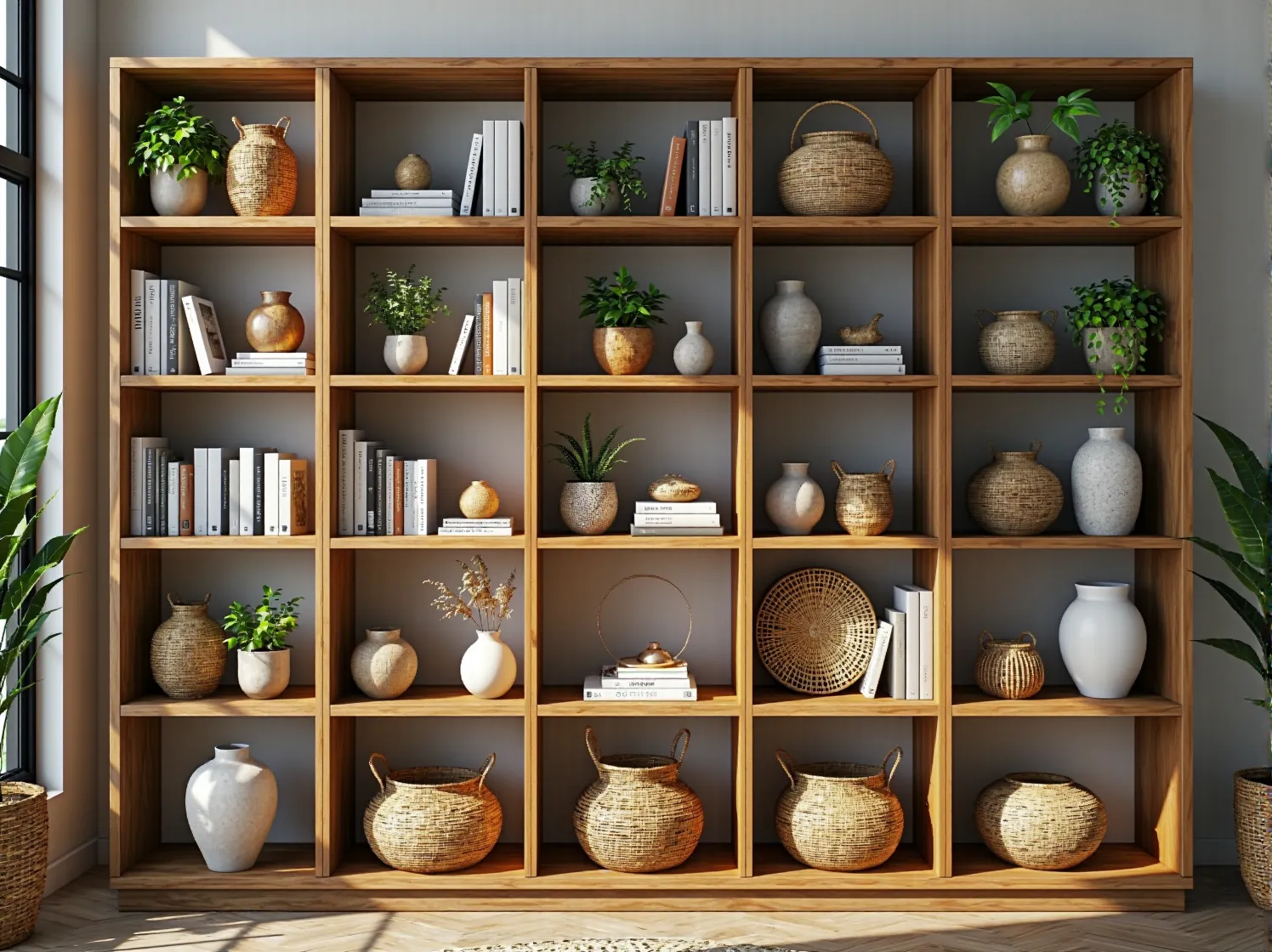 Drewniany regał na książki w stylu boho, wypełniony książkami i ozdobami, stojący na tle jasnej ściany.