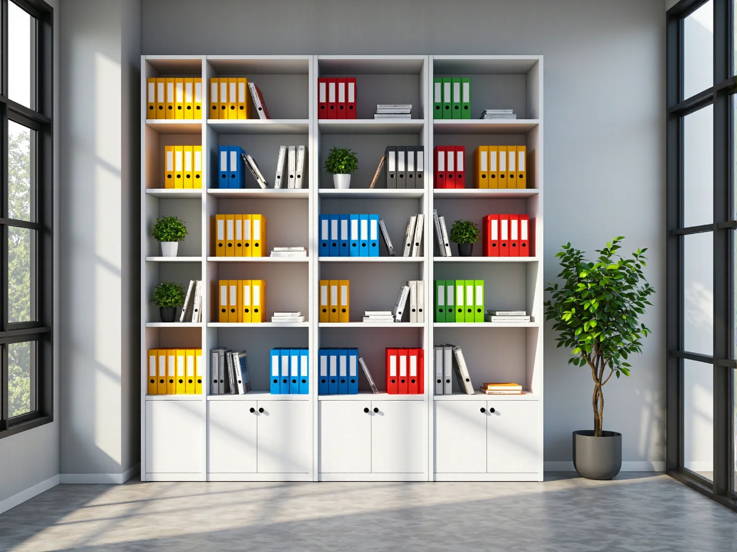 Elegancki, drewniany regał biurowy z otwartymi półkami, idealny do przechowywania dokumentów.