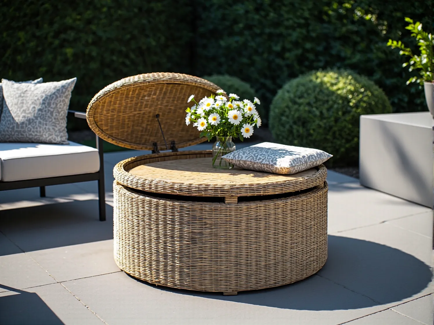 Elegancki, drewniany stół do ogrodu z funkcją przechowywania, otoczony zielenią i kwiatami.