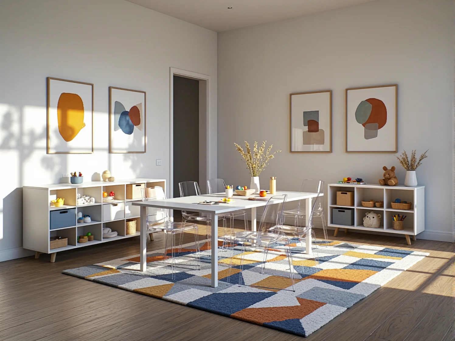 Drewniany stolik dla dziecka z rolką papieru do rysowania i miejscem na przybory.