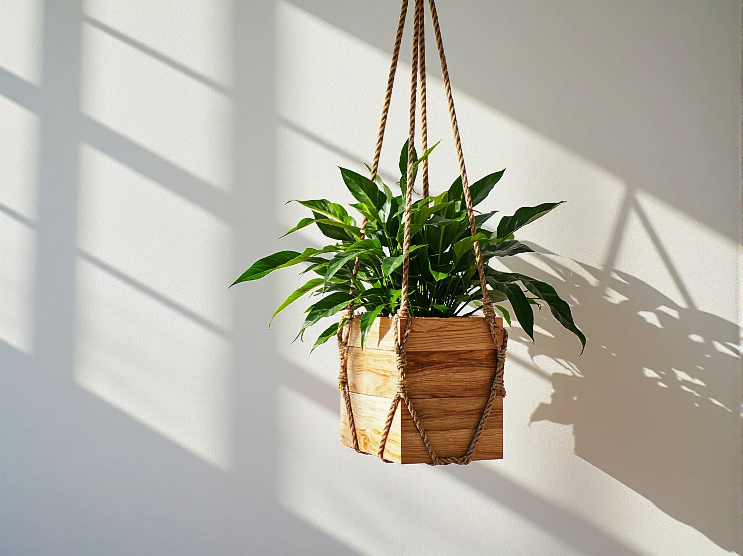 Krok po kroku: mężczyzna przewlekający sznurek przez otwór w drewnianej desce wieszaka na rośliny.