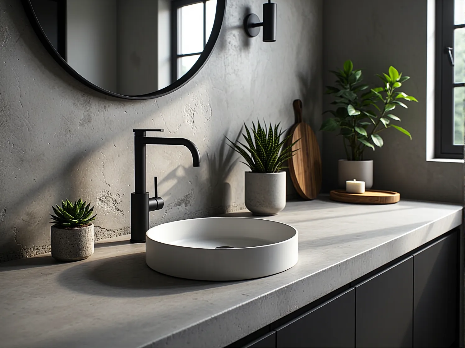 Zbliżenie na drewnianą szafkę i umywalkę z czarnym kranem w skandynawskiej łazience z industrialnym sznytem.