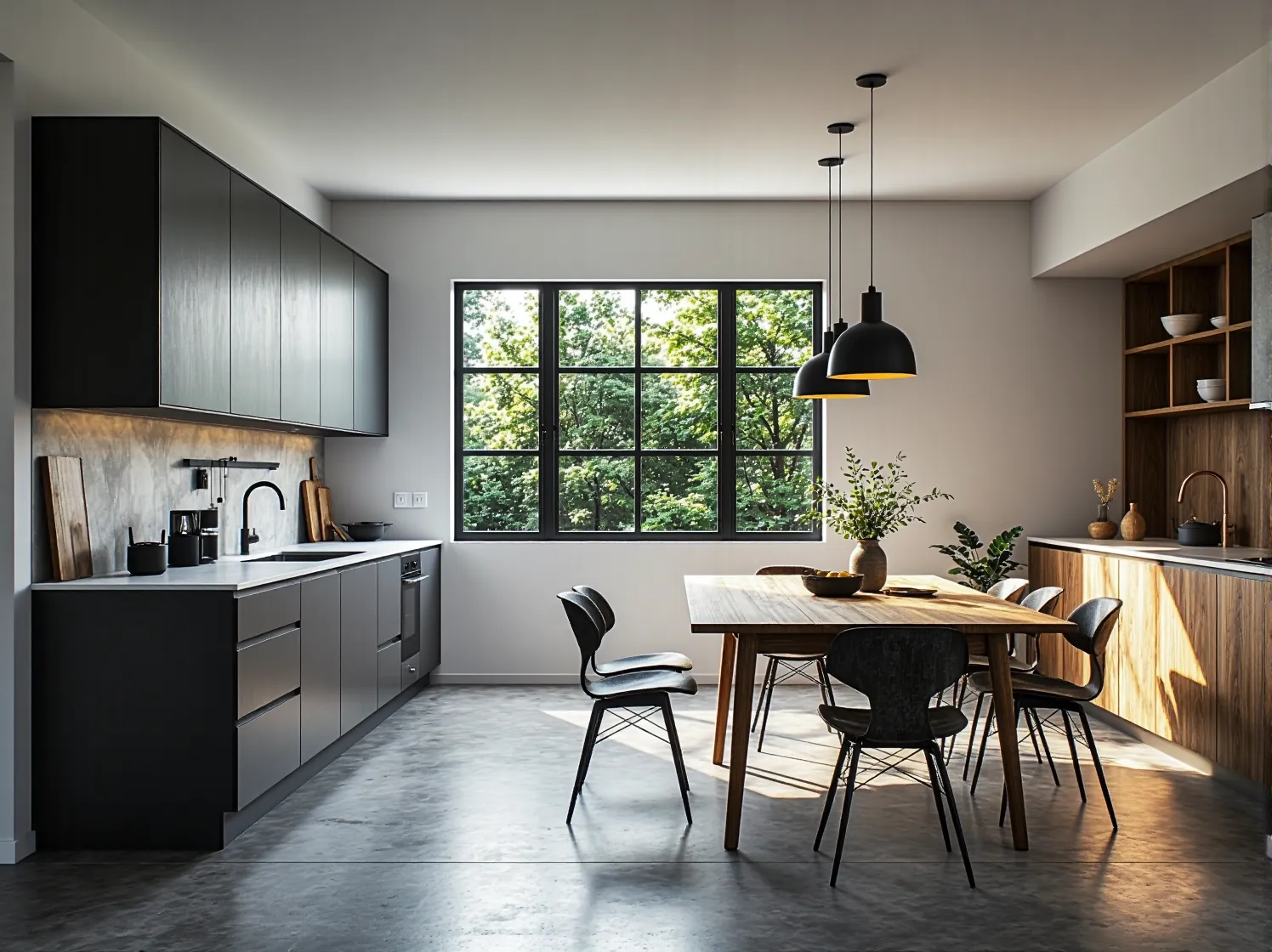 Ekologiczna kuchnia loftowa z recyklingowanymi meblami i oświetleniem w stylu industrialnym.