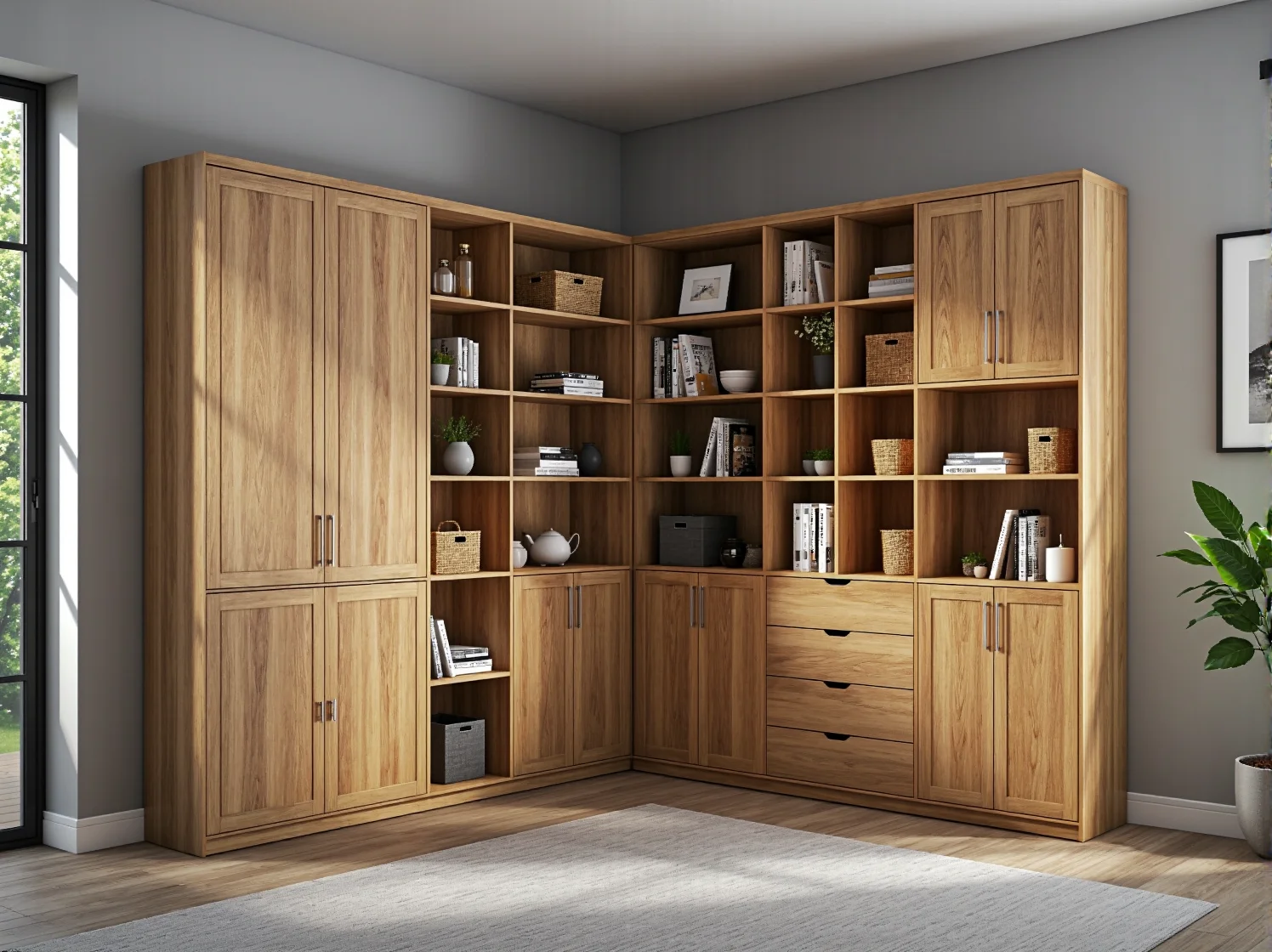 Ekologiczny system przechowywania z drewna z odzysku, wpisujący się w trend zrównoważonego projektowania wnętrz.