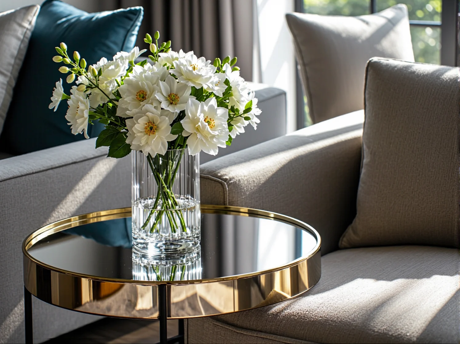 Elegancka sofa tarasowa z miękkimi poduszkami i stolikiem kawowym w estetyce glamour.