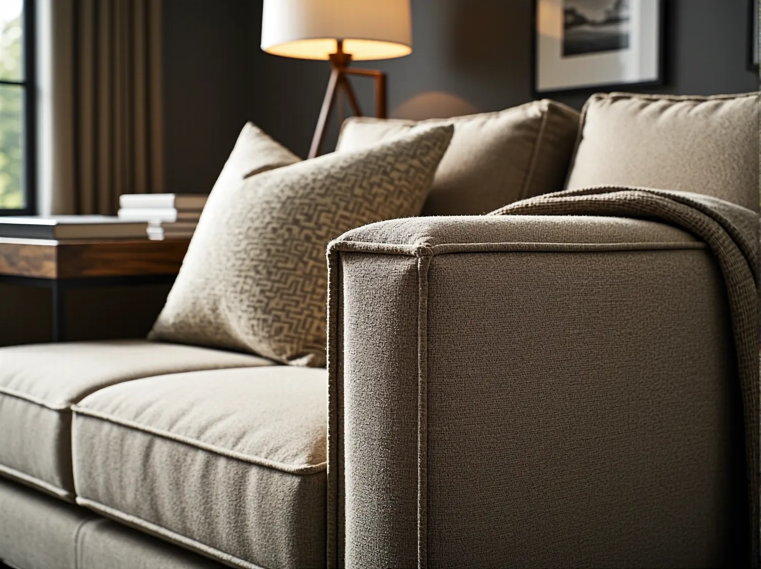 Zbliżenie na pikowane oparcie i ozdobne nóżki beżowego narożnika, idealnego do klasycznego wnętrza.