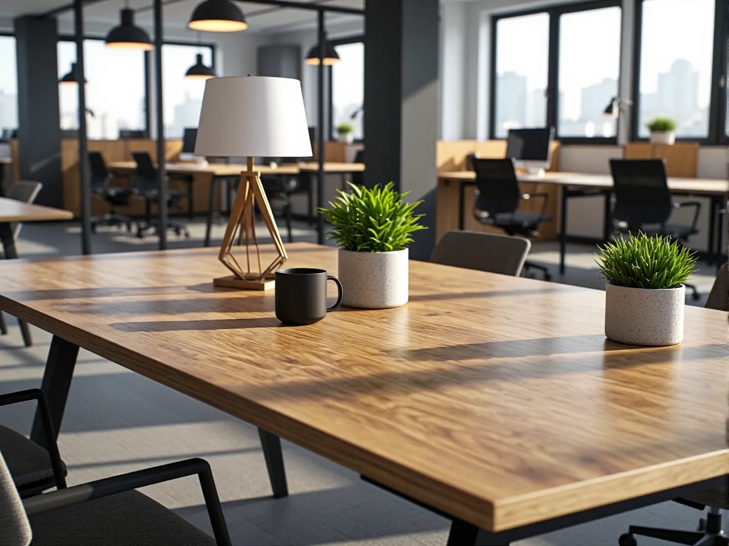 Ergonomiczne, drewniane biurko i krzesło biurowe dostosowane do ekologicznej przestrzeni coworkingowej.