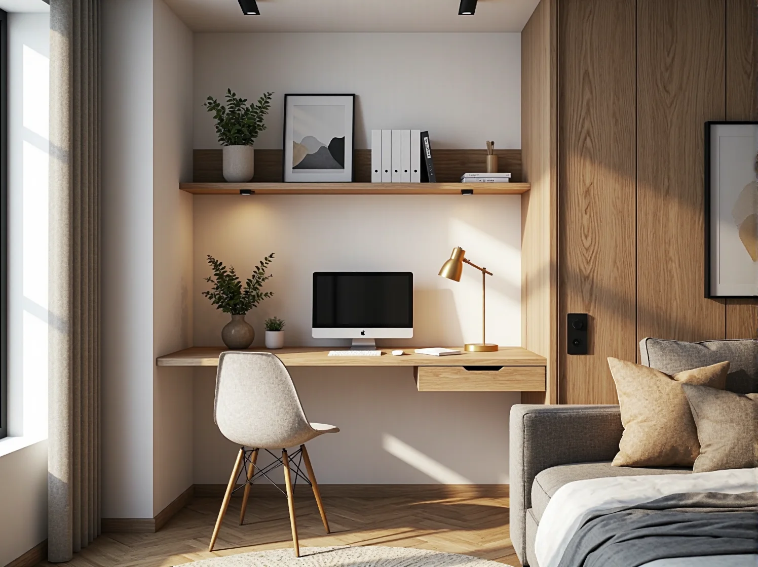 Składane biurko przymocowane do ściany jako sprytne rozwiązanie do małego mieszkania.