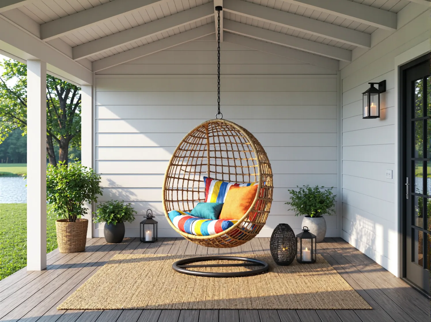 Wygodne fotele ogrodowe i stolik kawowy w strefie relaksu nad samym jeziorem.