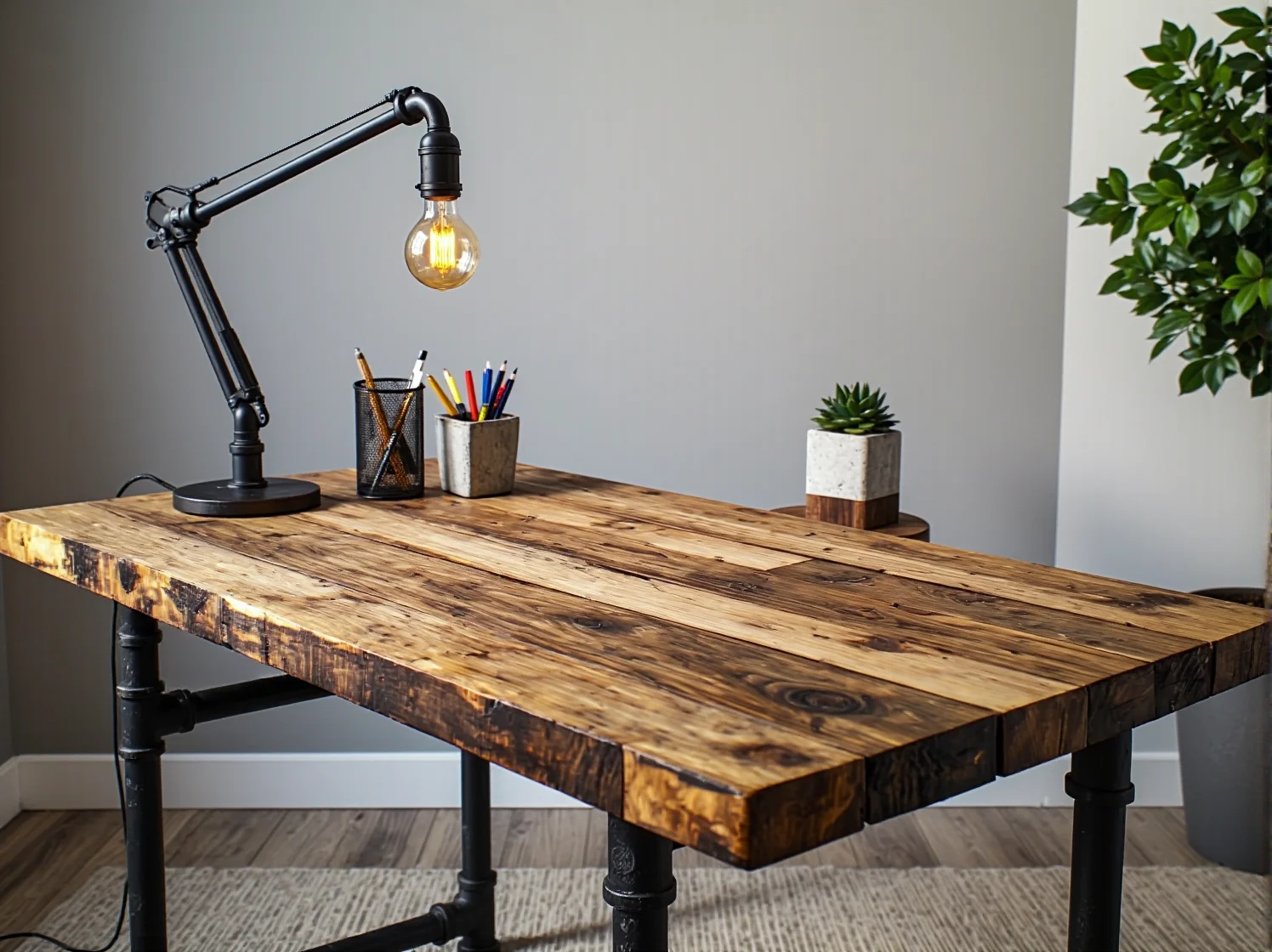 Funkcjonalne meble biurowe z metalu i drewna w przestronnym lofcie.