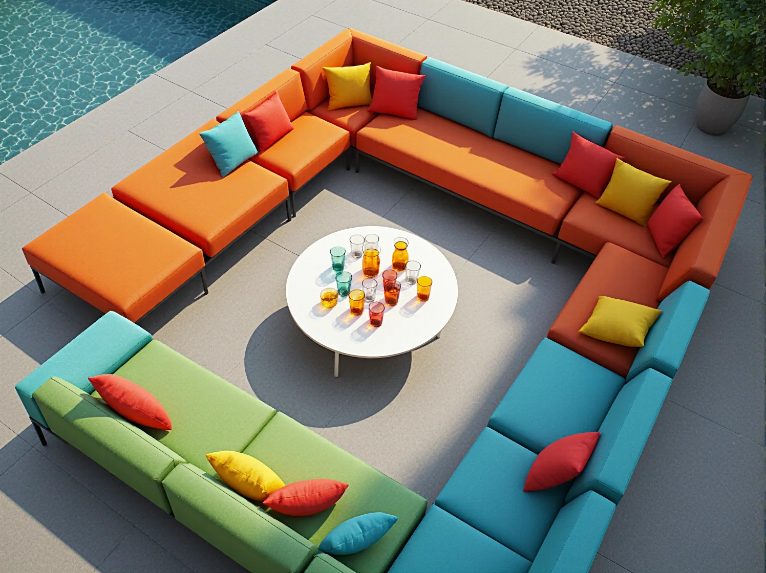 Zbliżenie na funkcjonalność mebli modułowych na tarasie urządzonym w klimacie retro, widoczne połączenia modułów.