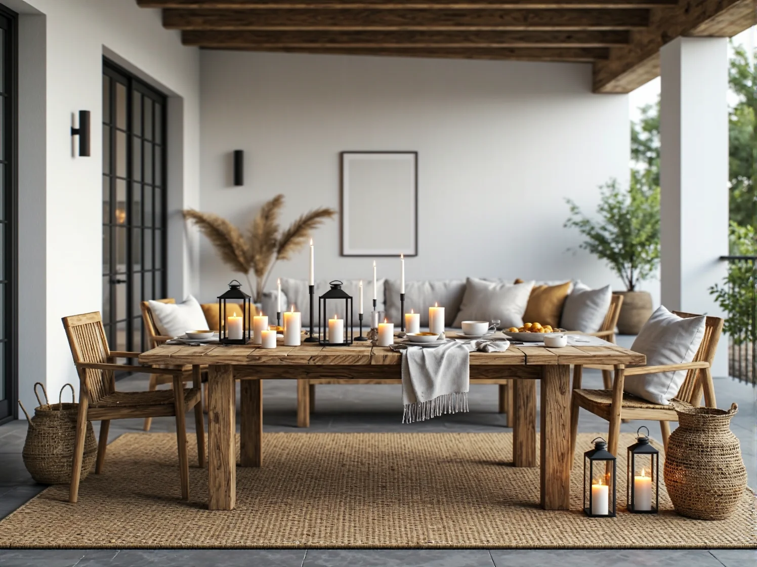 Girlandy świetlne i dekoracyjne lampiony stworzące nastrojową atmosferę na tarasie.