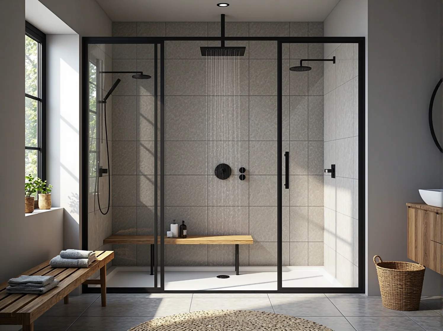 Industrialne akcenty w łazience scandi: czarny, metalowy prysznic i betonowa ściana w tle białych płytek.