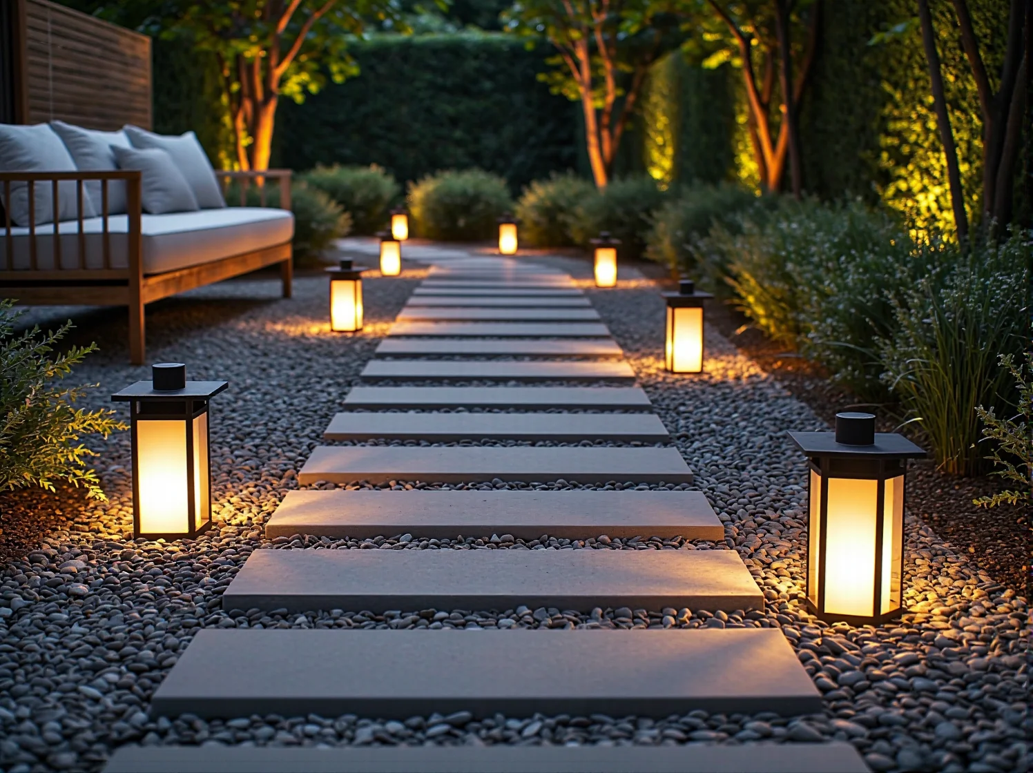 Kreatywna inspiracja na oświetlenie ogrodu: świecące kule i małe lampki LED rozmieszczone w trawie.