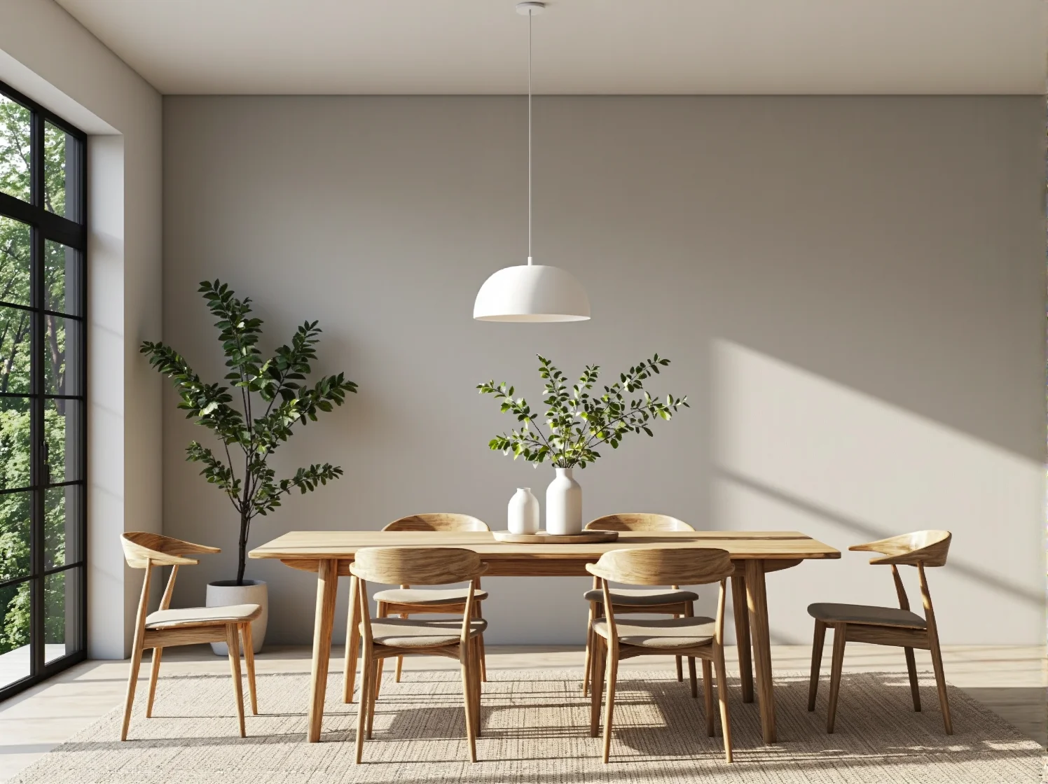 Jadalnia w jasnych barwach z prostym, drewnianym stołem i białymi krzesłami. Minimalizm i elegancja.