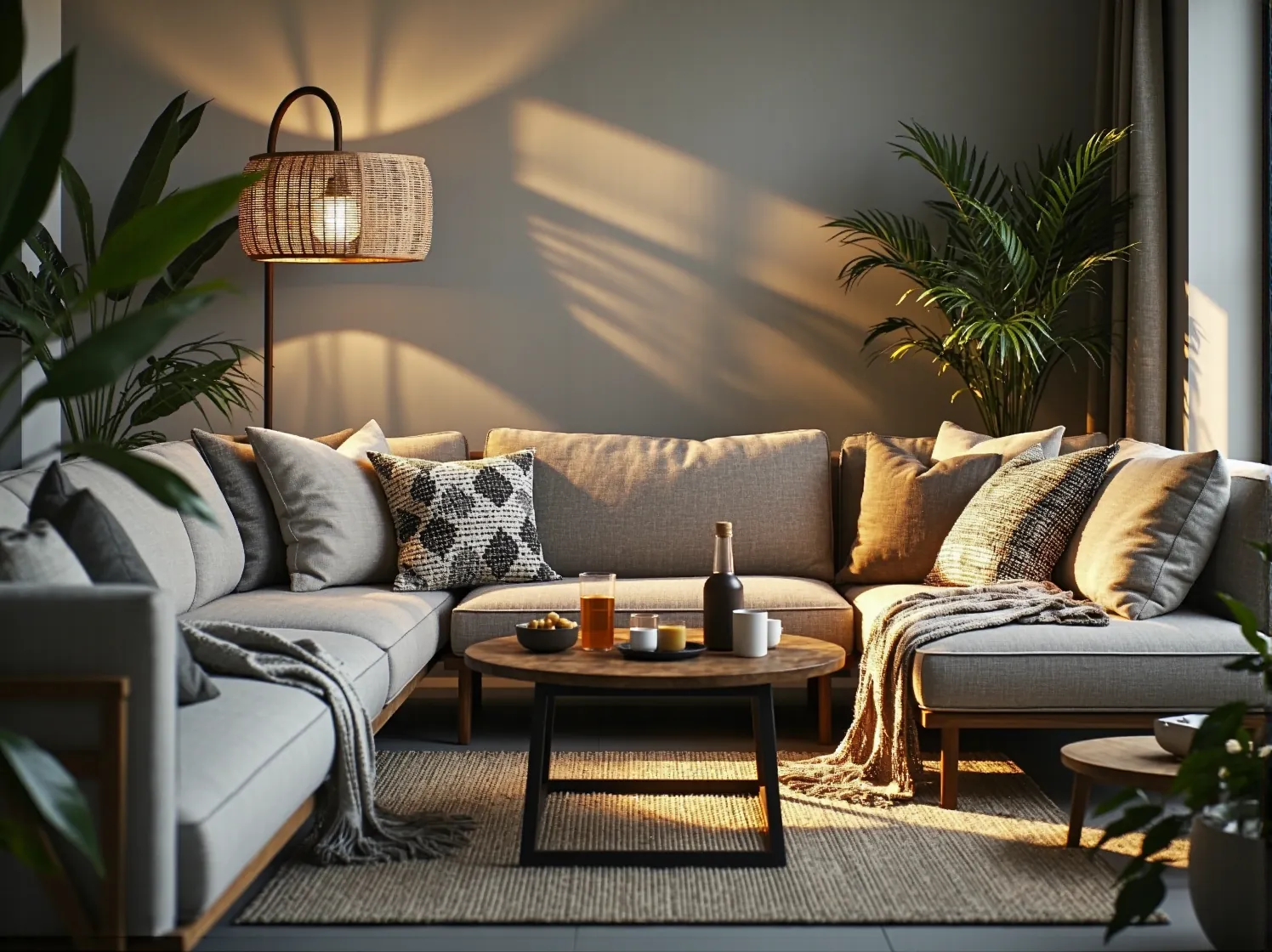 Stół na przyjęciu w ogrodzie udekorowany małymi lampkami w słoikach i świecami dla ciepłego nastroju.