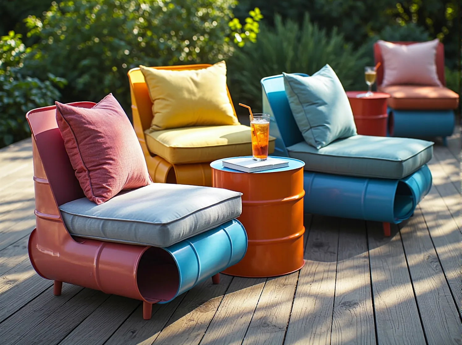 Kreatywne wykorzystanie materiałów z odzysku w ogrodzie: kolorowe siedziska z opon i drewniana ławka z palet.