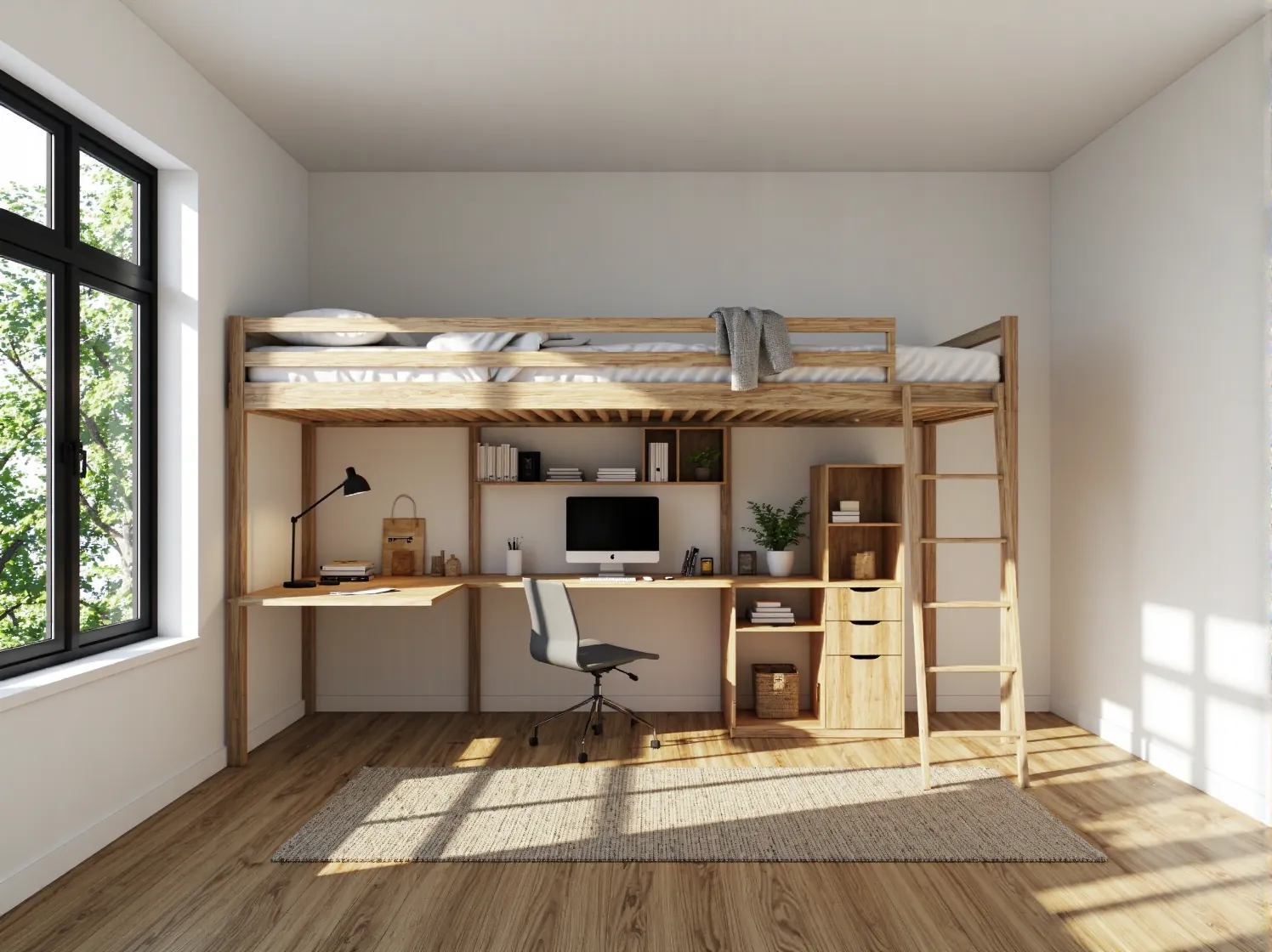 Białe łóżko z praktycznymi szufladami z boku, jako sprytne rozwiązanie do przechowywania w kawalerce.