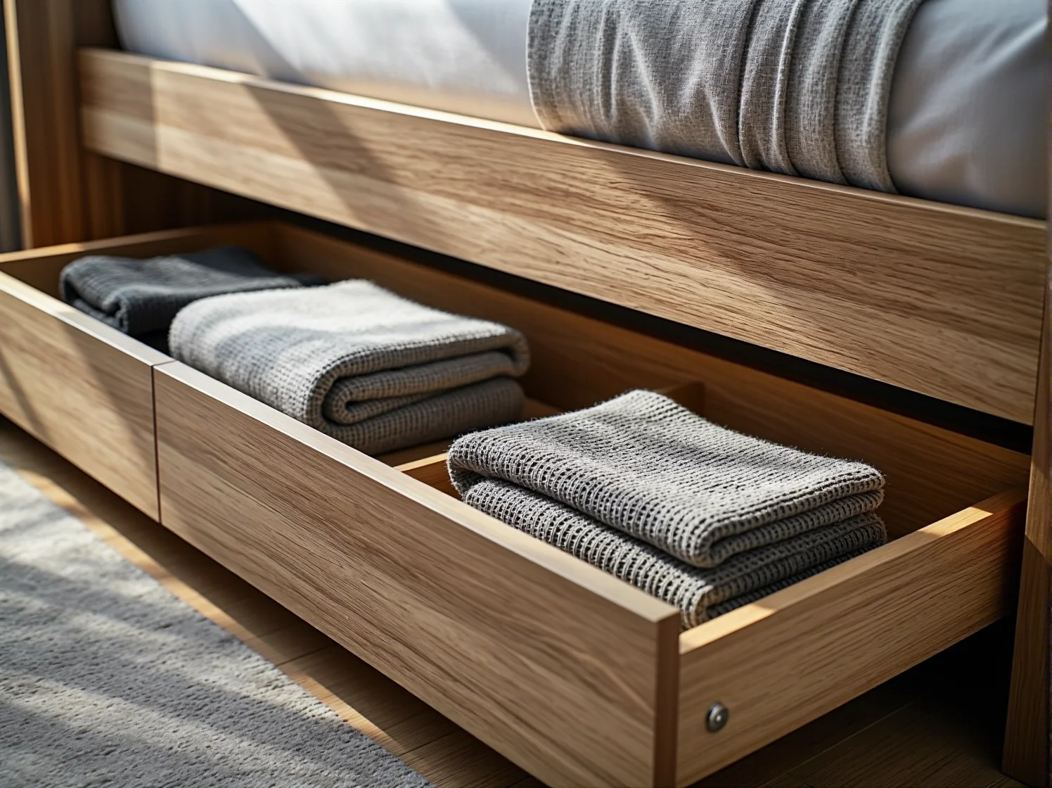 Zbliżenie na otwartą szufladę łóżka, w której schowana jest pościel. Funkcjonalne przechowywanie w sypialni.