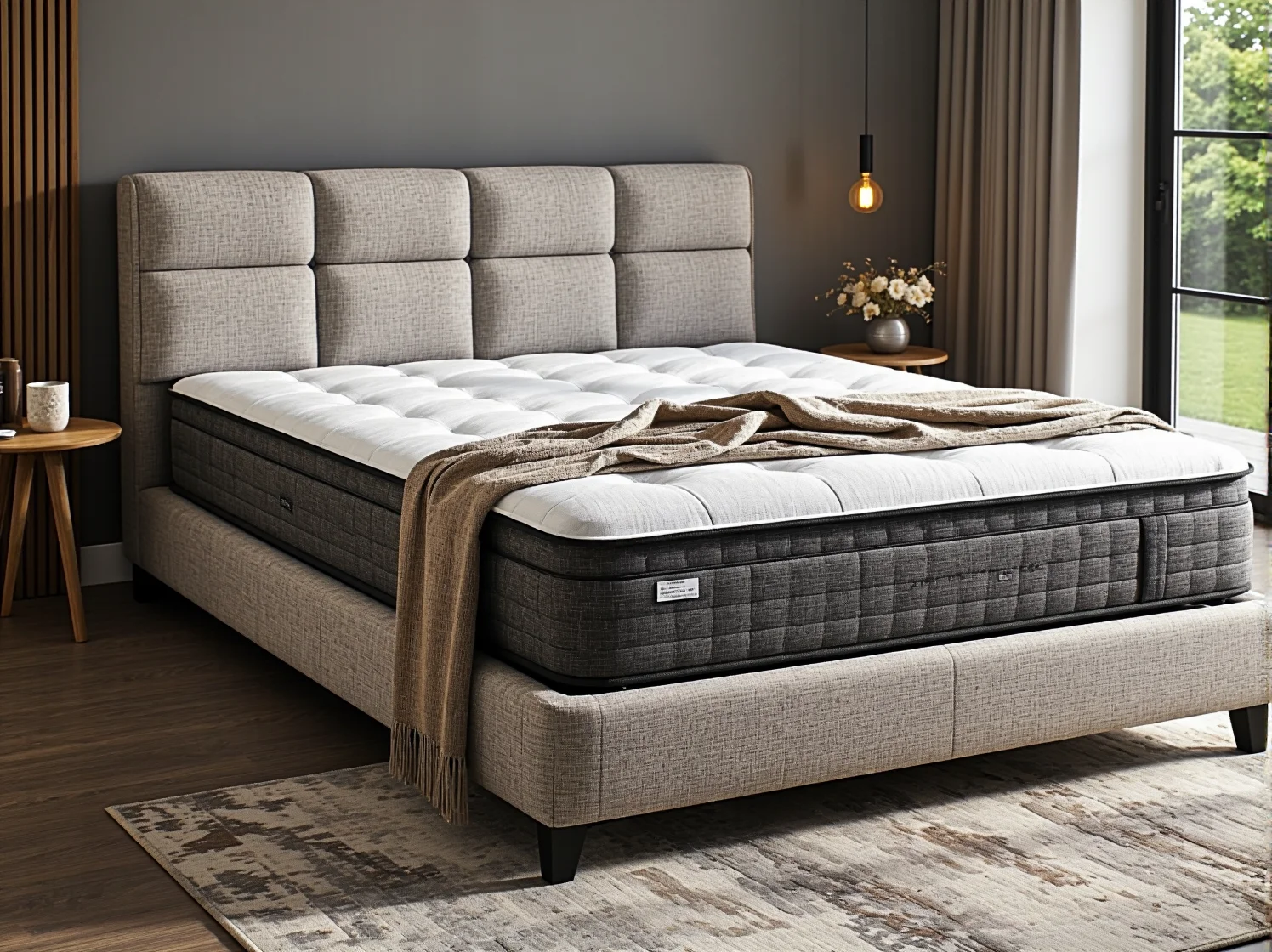 Senior siedzący na krawędzi materaca, testujący jego odpowiednią twardość i wsparcie dla kręgosłupa.