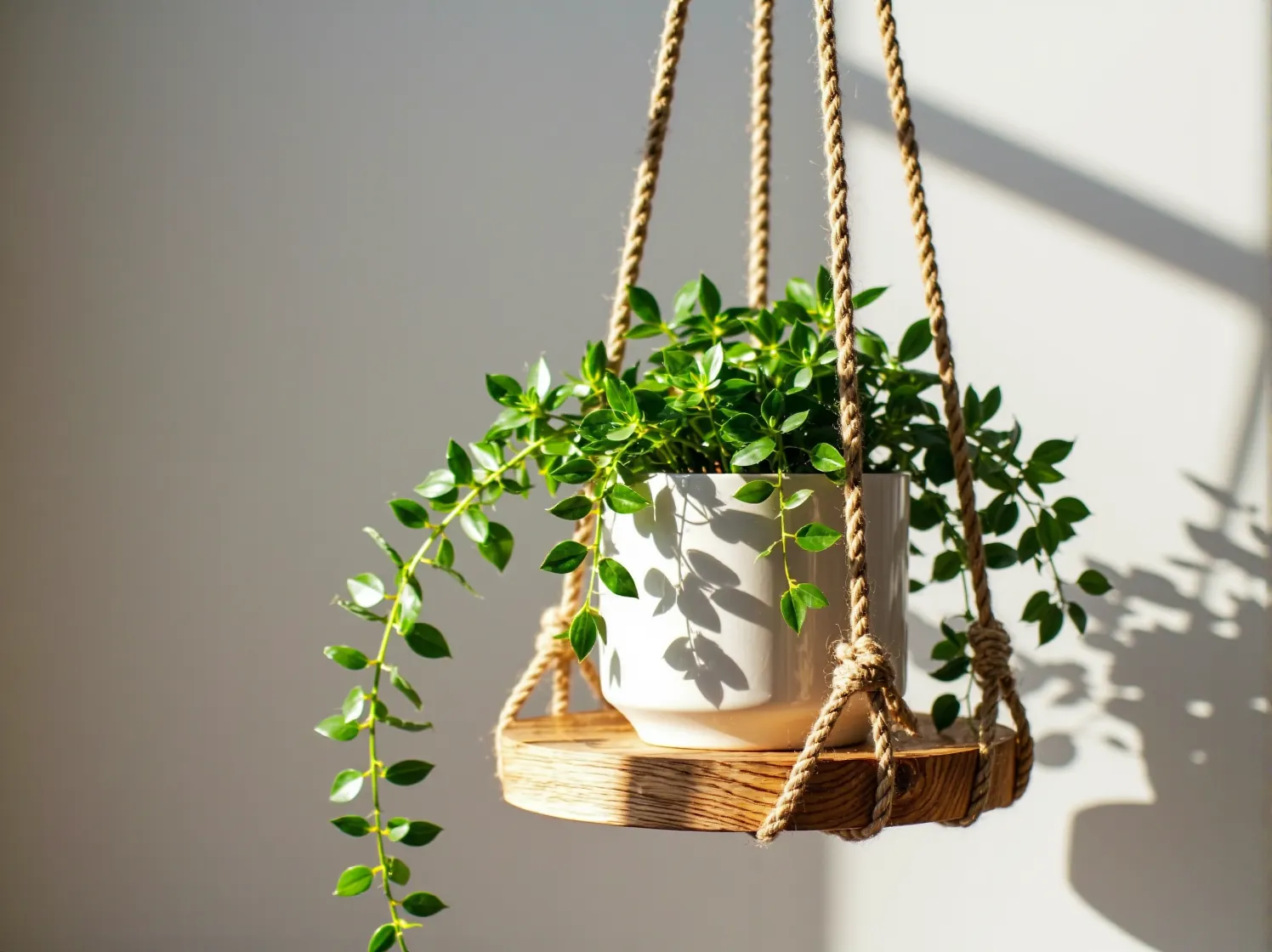 Materiały do zrobienia wieszaka na rośliny: drewniane listwy, jutowy sznurek, wiertarka i nożyczki.