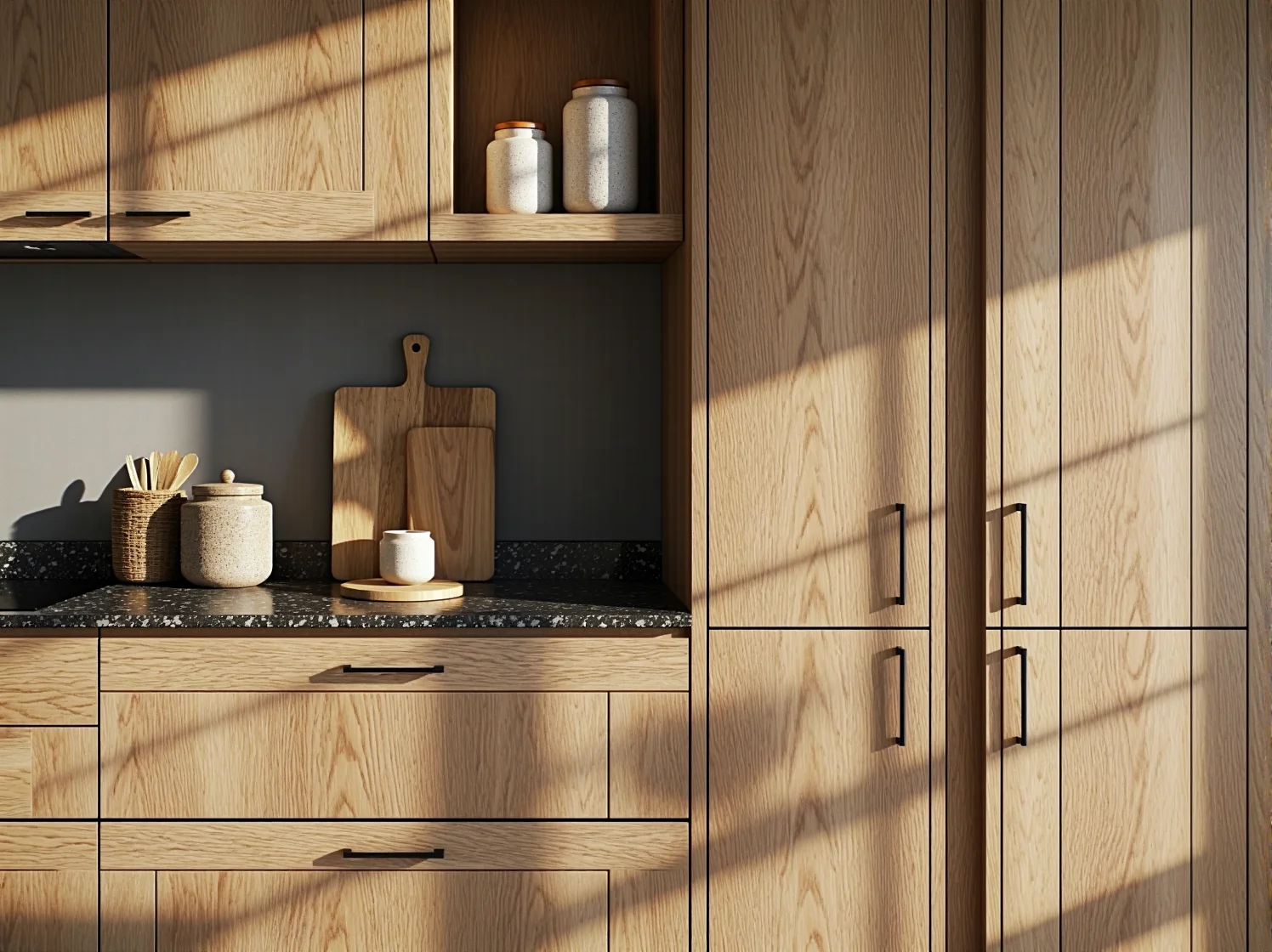 Detale mebli na wymiar wykonanych z wysokiej jakości drewna w eleganckim, stylowym mieszkaniu.