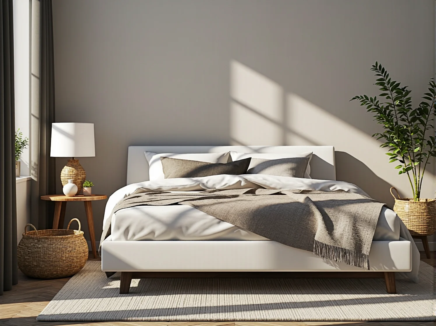 Neutralna paleta barw w minimalistycznym wnętrzu. Biel i szarość optycznie powiększają małą przestrzeń kawalerki.