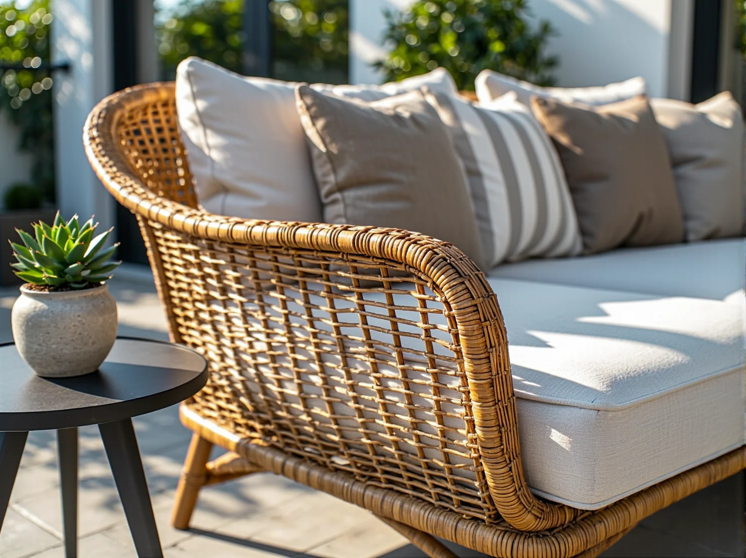 Zewnętrzne kinkiety elewacyjne oświetlające ściany przestronnego tarasu w nowoczesnym stylu.