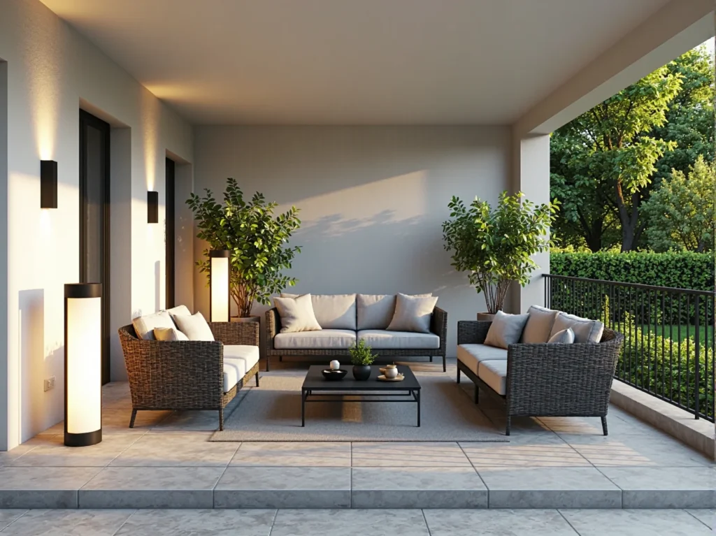 Zestaw mebli ogrodowych rattanowych z beżowymi poduszkami i stolikiem