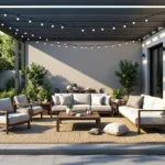 Zestaw mebli ogrodowych drewnianych z kremowymi poduszkami